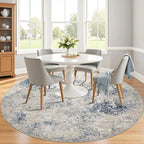 6ft Washable Round Rug - 6x6 Area Rugs Modern Abstract Rugs for Living Room Non-Slip Low Pile Soft Machine Washable Carpet for Bedroom, Living Room, Dining Room, Nursery, Farmhouse (6'x6' Beige Blue)
