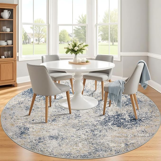 8ft Washable Round Rug - 8x8 Area Rugs Modern Abstract Rugs for Living Room Non-Slip Low Pile Soft Machine Washable Carpet for Bedroom, Living Room, Dining Room, Nursery, Farmhouse (8'x8' Beige Blue)