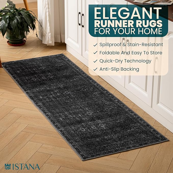 Istana Hallway Runner Rug 2x6 - Black Kitchen Rugs Non Slip Washable -Silk's Soft Touch Carpet Runner - Stylish Rug for Home