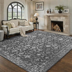 Washable Area Rug 9x12 Black Rugs for Living Room, Vintage Boho Large Rug for Bedroom Dining Room Office, Distressed Floral Print Carpet for Under Table, Soft Non Slip Low Pile Throw Carpet Indoor Mat