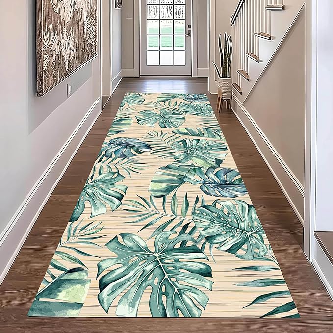 Tropical Palm Leaf Runner Rug 2x10 ft - Green Plant Pattern Non-Slip Rug, Stain Resistant Easy Clean for Hallway, Living Room, Bedroom Floor Mat