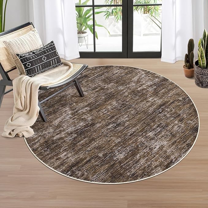 RUGSREAL 3x3 Round Area Rug Small Washable Circle Rug Non Slip Stain Resistant Entry Mat Modern Solid Color Round Living Room Carpet Low Pile Soft Bedroom Mat Neutral Rug for Bedside Nursery, Brown
