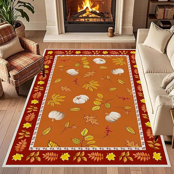Fallen Leaves Carpet for Kitchen, 3x4ft, Autumn Pumpkins with Leave Orange Area Rug, Indoor Ultra-Thin Foldable Machine Washable Fun Pumpkin Bath Mat for Home Office Relax Room