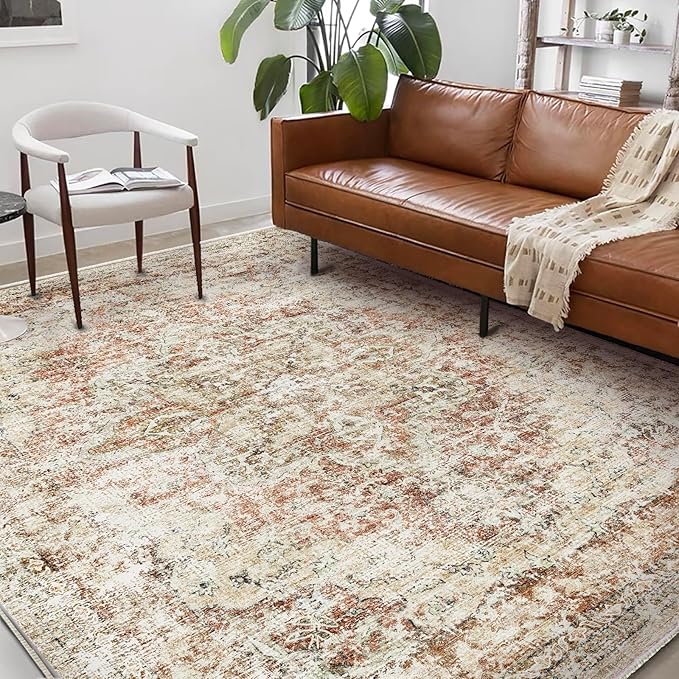 Washable Area Rug 9'x12' Retro Boho Design Non-Shedding Easy Care Ideal for High Traffic Areas in Living Room Bedroom Office Coffee Table Kitchen Large Carpet