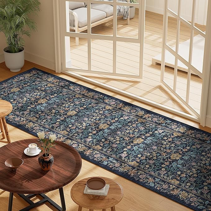 DUKINO 2.6x8 Runner Rug for Hallway, Washable Vintage Floral Kitchen Rug with Non Slip Backing, Soft Low Pile Throw Carpet Runner for Kitchen, Laundry, Hallway, Bathroom, Dark Blue