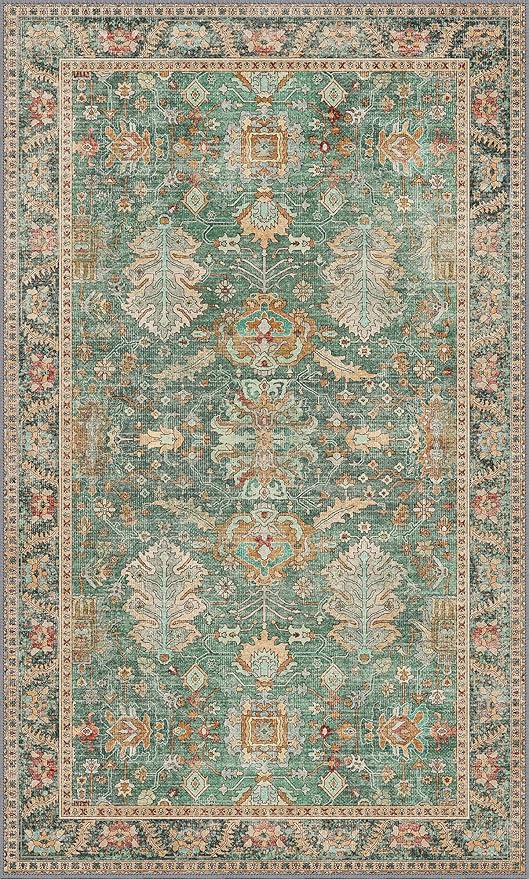 3x5 Rug Washable Small Area Rug Non Slip for Entryway Bedroom Bathroom Kitchen, Boho Green Rug, Thin Low Pile Foldable Carpet, Vintage Farmhouse, Dark Sage/Gold