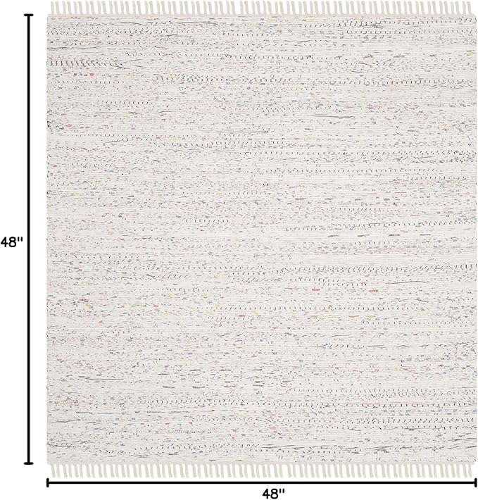 SAFAVIEH Rag Rug Collection Area Rug - 4' Square, Ivory & Multi, Handmade Boho Stripe Cotton, Ideal for High Traffic Areas in Living Room, Bedroom (RAR121G)