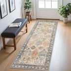 Bavni Washable Rug 8x10 Area Rug for Living Room Bedroom Dining, Washable Vintage Print Carpet, Ultra-Thin Low Pile Lightweight Rug with Non Slip Backing, Multi Beige