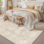 8x10 Beige Washable Area Rug for Living Room Bedroom Neutral Soft Non Slip Rug Low Pile Vintage Distressed Carpet for Dining Room Nursery Office Indoor