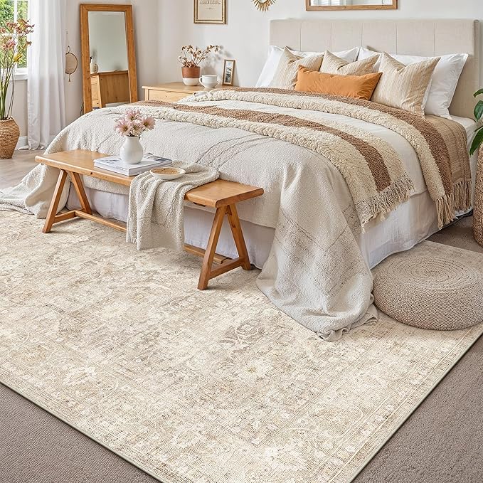 6x9 Beige Washable Area Rug for Living Room Bedroom Neutral Soft Non Slip Rug Low Pile Vintage Distressed Carpet for Dining Room Nursery Office Indoor