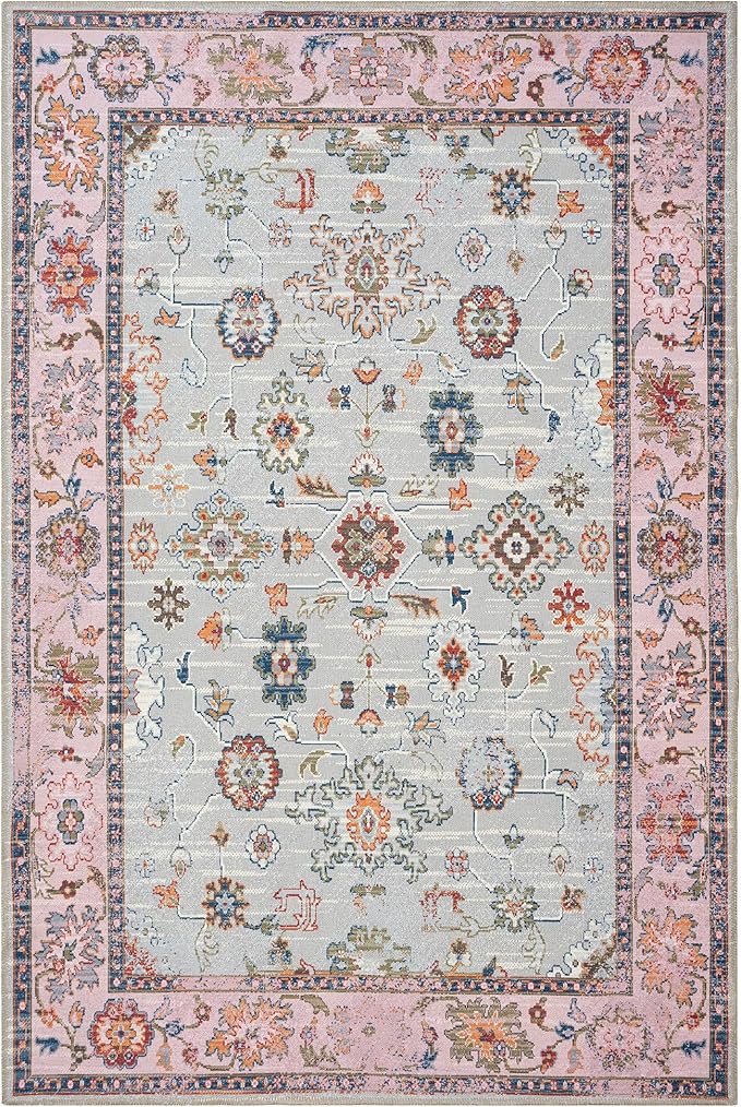 GLN Rugs Traditional Collection - Machine Washable Area Rug, Traditional Washable, Non Slip, Low Pile Chenille Rug, Living Room, Bedroom, Kitchen Rug (9' x 12' Pink/Blue/Multicolor)