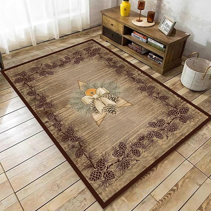 Vintage Pine Cone Area Rug 5x6ft Rustic Lodge Wooded Pine Cone Area Rug Wood Grain Star Leaf Distressed Indoor Non-Slip Washable Carpet for Dormitory Study Room Fireplace Office