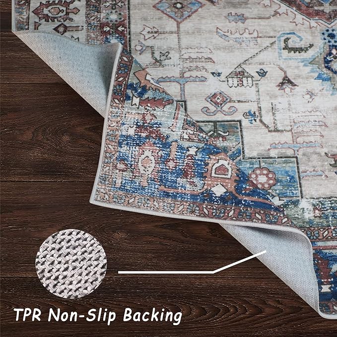 vivorug 9x12 Area Rugs for Living Room, Non Slip Machine Washable Vintage Rug, Ultra-Thin Lightweight Large Area Rug for Bedroom, Dining Room, Low Pile Brown