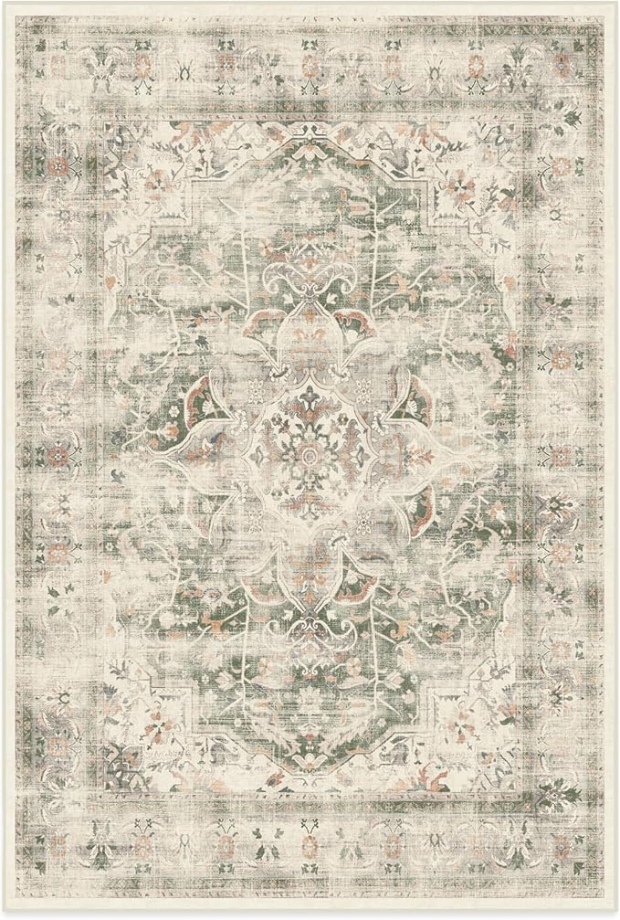 RUGGABLE Washable Vintage Area Rug – Sarrah Sage 6x9, Stain-Resistant, Non-Slip – Medium Machine Washable Rugs for Living Room, Bedroom, Hallway, Entryway & Office–with Standard Pad
