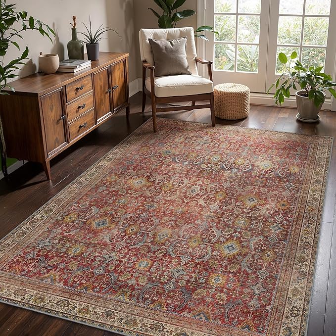 8x10 Area Rug Machine Washable Boho Rug for Living Room,Ultra-Thin Low Pile Carpet,Lightweight Indoor Printed Rug,Non Slip Floral Area Rug for Bedroom, Dining Room, Home Office,Burgundy Red