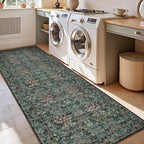 Lunasun Boho Dark Green Botanical 2x6 Washable Long Kitchen Runner Rug - Floral Throw Rug for Hallway, Bathroom, Indoor Entrance, Laundry, Bedroom - Soft Vintage Front Door Mat with Low Pile Non Skid