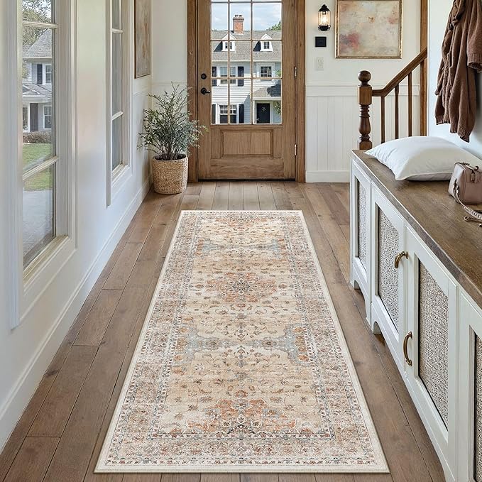 HUGEAR Machine Washable Hallway Runner Rugs 2x6 Vintage Orange Neutral Style Non Slip Stain Resistant Low Pile Throw Carpet for Bedroom Kitchen Retro Aesthetic Modern Decor