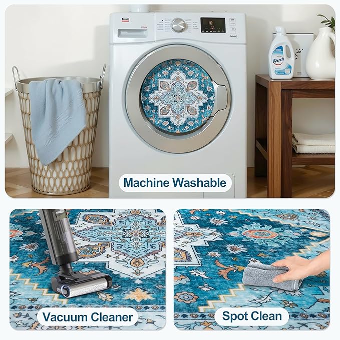 Tangsoo Blue 3x5 Washable Rug, Vintage Indoor Area Rugs, Boho Non Slip Accent Rug Carpet, Soft Low Pile Rugs for Living Room Dorm Bedroom Bedside Entryway Bathroom Home Decor
