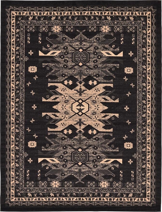 Unique Loom Taftan Collection Border Geometric Tribal Inspired Design Area Rug (9' 0 x 12' 0 Rectangular, Black/ Gray)