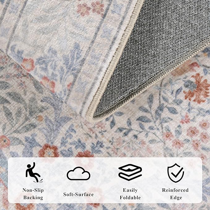 5x7 Floral Washable Area Rugs for Living Room, Vintage Boho Large Rug for Bedroom Dining Room, Distressed Botanical Birds Non Slip Low Pile Forest Animal Throw Carpet for Farmhouse Office, Beige Blue
