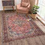 Bloom Rugs Washable Non-Slip 5' x 7' Rug - Red/Teal Blue/Yellow Traditional Medallion Area Rug for Living Room, Bedroom, Dining Room, and Kitchen - Exact Size: 5' x 7'