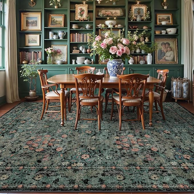 Farmhouse Dark Green Dining Room Rugs for Under Table - 6x9 Washable Cottagecore Distressed Low Pile Non Slip Flora Rug for Living Room, Bedroom, Nursery, Home Office - Soft Boho Moody Accent Mat