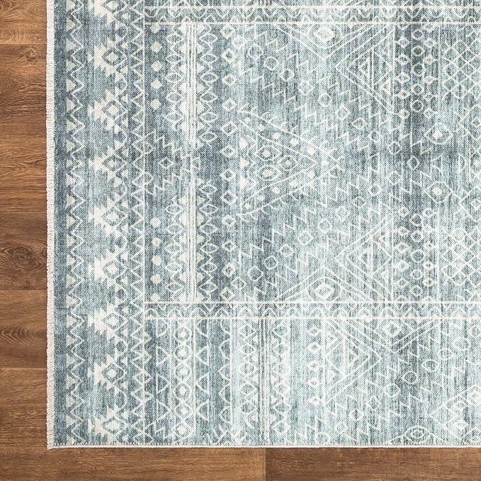 Bloom Rugs Caria Washable Non-Slip 8x10 Rug - Teal/Ivory Geometric Area Rug for Living Room, Bedroom, Dining Room, and Kitchen - Exact Size: 7'8" x 10'