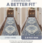 2'6''x10 Runner Rugs for Hallway, Machine Washable Non Slip Vintage Rugs, Low Pile Lightweight Soft Print Rug for enrtyway, Corridor, Home Office, Kitchen, Center Blue