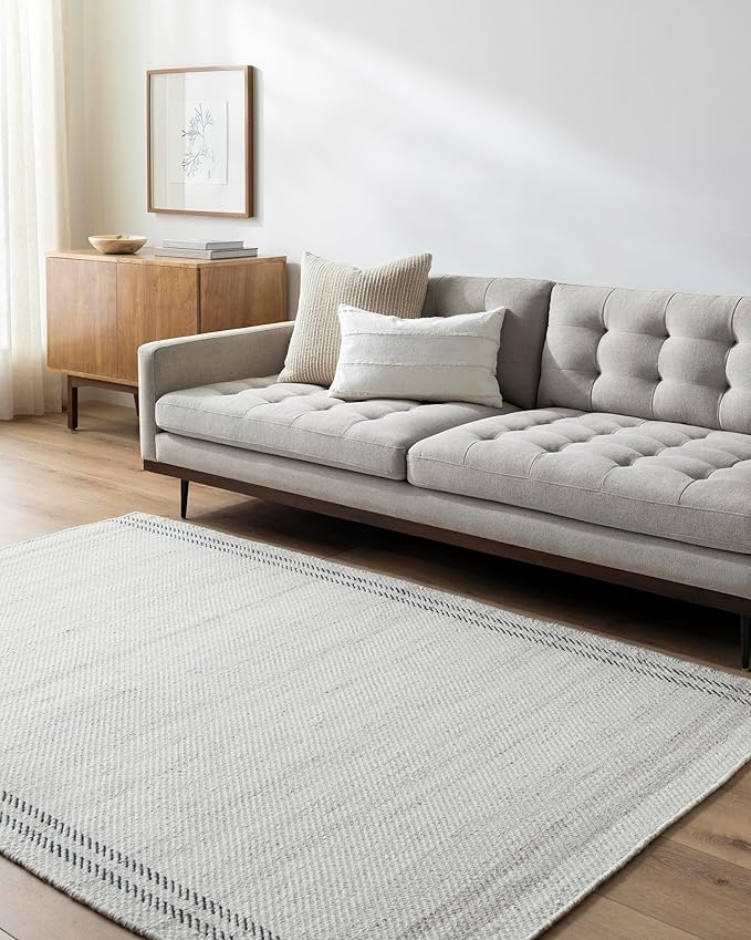 Mark&Day Wool Rugs, 9x12 Janmichael Solid and Border Gray/Ivory Area Rug, Grey Ivory Black Carpet for Living Room, Bedroom or Kitchen (8'10" x 12')