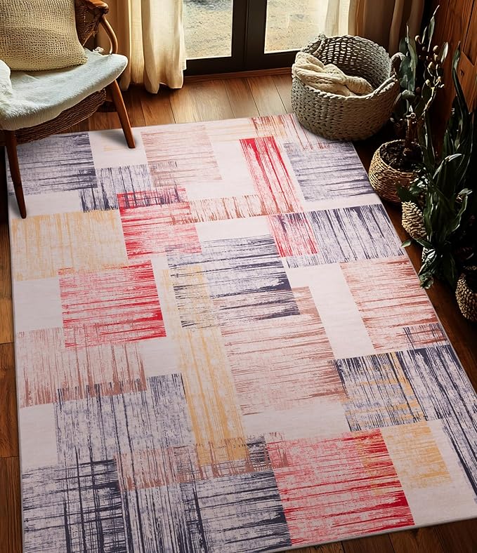 YIHOUSE Cream Retro Rugs 5x7,Blue and Red Vintage Washable Carpets for Bedroom,Farmhouse Abstract Area Rug,Unique Checkered Block Rug for Living Room,Dining Room,Office