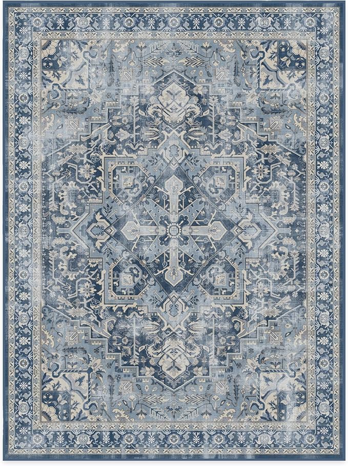 RUGGABLE Washable Area Rug – Kamran Admiral Blue 9x12, Stain-Resistant, Non-Slip – Large Machine Washable Rugs for Living Room, Bedroom, Hallway, Entryway & Office–with Cushioned Pad