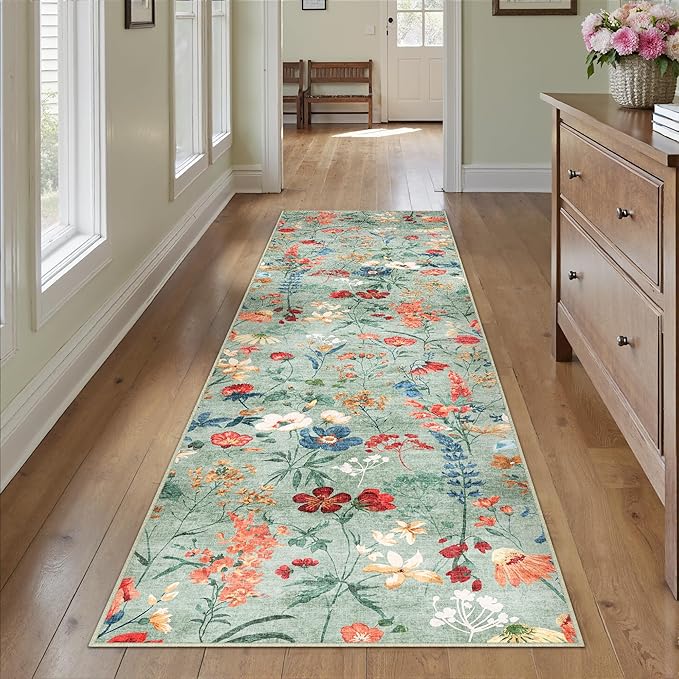 Floral Runner Rug 2x7 Washable Hallway Long Green Bedroom Carpet Non Slip Indoor Boho Kitchen Low Pile Accent Rug Lightweight Soft for Bathroom Dining Laundry Living Room