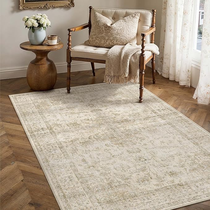 HUGEAR 3x5 Entryway Area Rug Retro Beige Small Rug Machine Washable Door Mat Vintage Floral Low Pile Carpet Distressed Throw Rug Entrance Kitchen Bedroom Bathroom Office Non Slip Soft Lightweight
