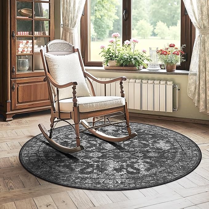 4ft Round Washable Area Rugs for Living Room, Vintage Boho Large Rug for Bedroom Dining Room Office, Distressed Floral Print Carpet for Under Table, Soft Non Slip Low Pile Throw Indoor Mat, Black