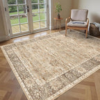 3x5 Washable Area Rug for Living Room Bedroom Dining Room Non-Slip Low Pile Boho Vintage Distressed Entryway Rug Traditional Floral Retro Accent Throw Carpet for Dining Room Bathroom Kitchen Beige