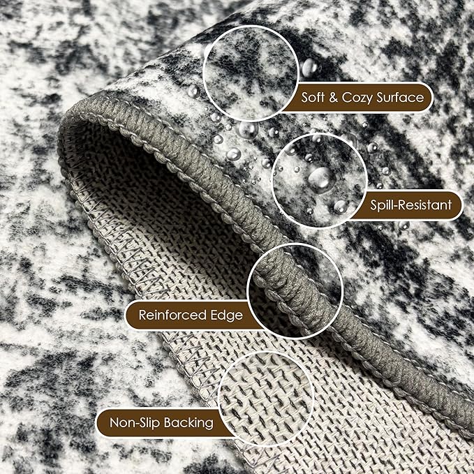 Washable Area Rug 8' x 10' Vintage Traditional Persian Mat - Foldable Distressed Non-Slip Machine Washable Carpet for Living Room Bedroom Kitchen Home Decor - Graphite and Mist