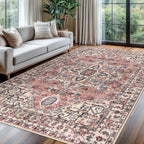 KOZYFLY Boho Area Rug 6x9 Ft Thin Washable Rugs for Bedroom and Living Room Faux Wool Printed Throw Carpet Non Slip Rug for Entryway Kitchen Dining Room, Terracotta/Beige