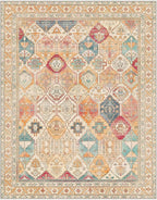 Bavni Washable Rug 8x10 Area Rug for Living Room Bedroom Dining, Washable Vintage Print Carpet, Ultra-Thin Chenille Low Pile Lightweight Rug with Non Slip Backing, Retro Multi