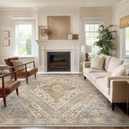 Bavni Washable Rug 8x10 Area Rug for Living Room Bedroom Dining, Washable Vintage Print Carpet, Ultra-Thin Chenille Low Pile Lightweight Rug with Non Slip Backing, Tan/Grey