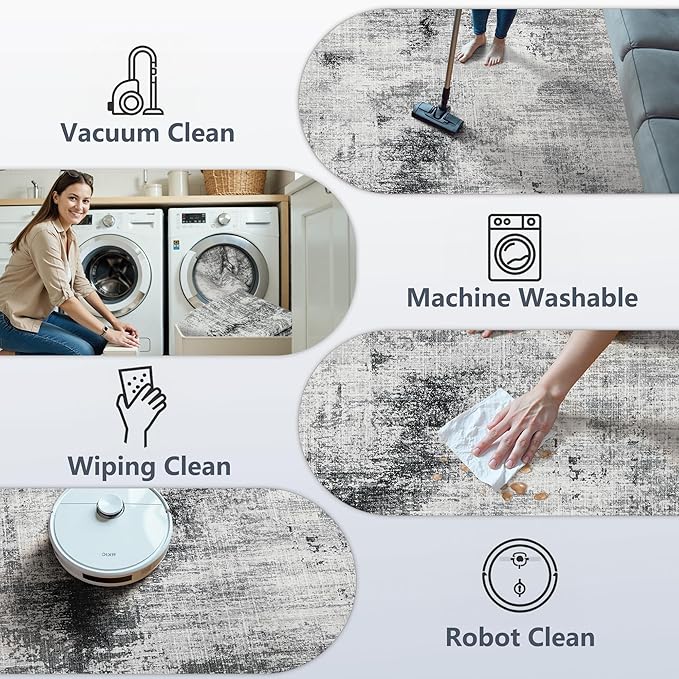 8x10 Area Rugs Machine Washable - Modern Abstract Large Rugs for Living Room Soft Anti-Skid Thin Carpet for Bedroom, Under Dining Table, Nursery, Farmhouse,Home Office (8'x10' Dark Grey)