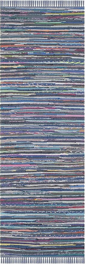SAFAVIEH Rag Rug Collection Runner Rug - 2'3" x 6', Purple & Multi, Handmade Boho Stripe Cotton, Ideal for High Traffic Areas in Living Room, Bedroom (RAR121D)