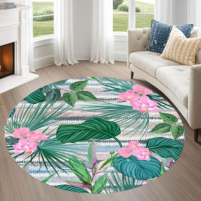 Indoor Outdoor Round Rug 3ft - Blue White Tropical Botanical Pattern, Non-Slip Patio Carpet, Easy-Clean Non-Shedding Rug for Living Room, Kitchen, Garden, Indoor Shower Mat