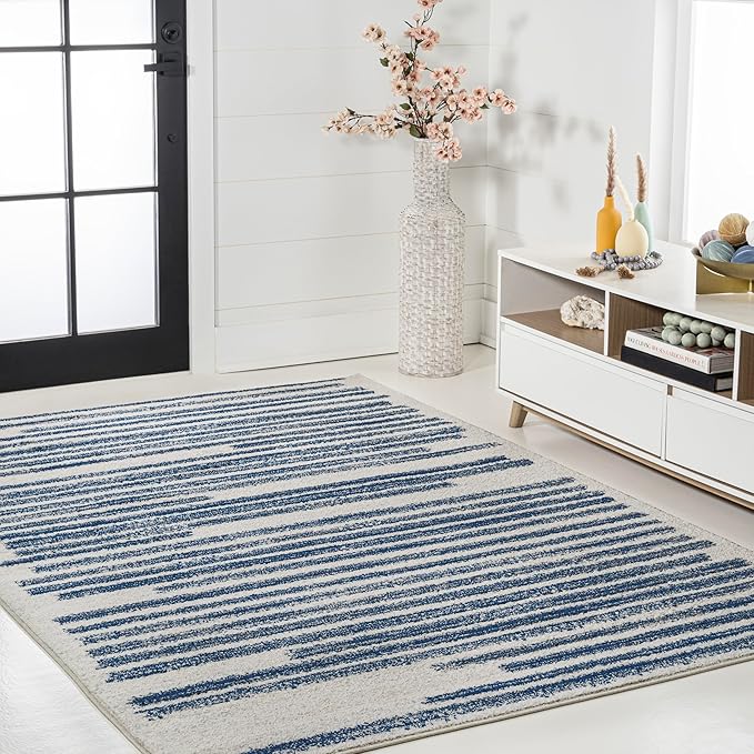 JONATHAN Y Khalil Modern Berber Stripe Cream/Navy Indoor Area Rug, 8x10, Contemporary, Bohemian, Easy-Cleaning for Living Room, Bedroom, Kitchen, Pet Friendly, Non-Shedding (MOH207E-8)