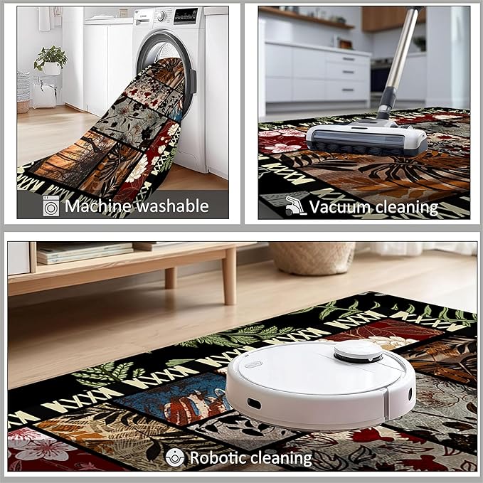 Vintage Jungle Floral Area Rug 5x6ft, Tropical Leaf Print Low Pile Carpet, Washable Non-Slip & Soft Mat for Bedroom, Living Room, Dining Room, Playroom