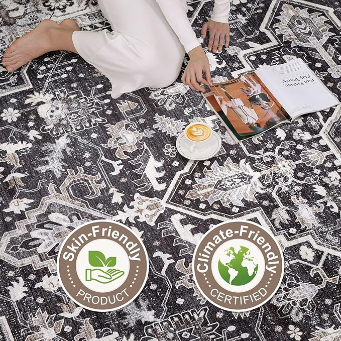 Black Rug Living Room Rugs: 10x12 Washable Boho Large Vintage Moody Soft Distressed Oriental Stain Resistant Non-Slip Indoor Floor Carpet for Bedroom Playroom Office Dining Room Retro Home House