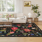 Living Room Rug 8x10 Rug Machine Washable Boho Area Rug Non Slip Floral Vintage Low Pile Large Rugs for Living Room, Bedroom, Farmhouse, Dining Room (Black)