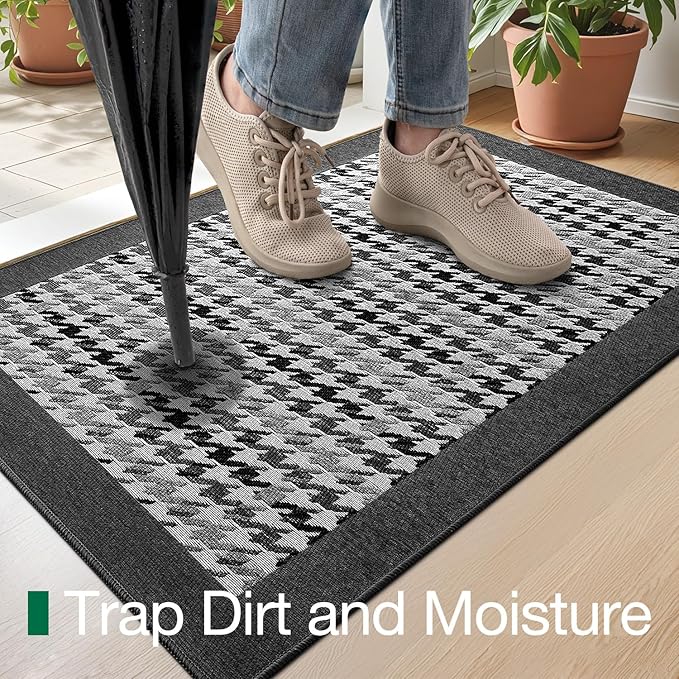 LUMI Inside Door Mat for Entry 17''x30'', Absorbent, Dirt Trapper, Low Profile Thin, Non Slip Mats with Rubber Backing, Ideal for Indoor, High Traffic, Garage, Entrance, Birdy Black