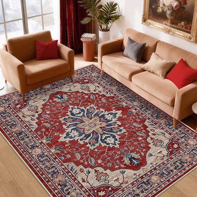 Area Rugs 8'x10' Washable Non-Slip, Floral Vintage Distress Print Pattern Medallion Carpet for Living Room Bedroom Dining Room, Red Blue