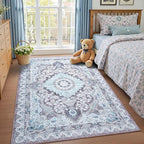 4x6 Area Rug for Bedroom, Machine Washable Rugs with Non-Slip Backing for Living Room, Soft Vintage Carpet Kitchen Laundry Kids Room Decor, Blue & Brown