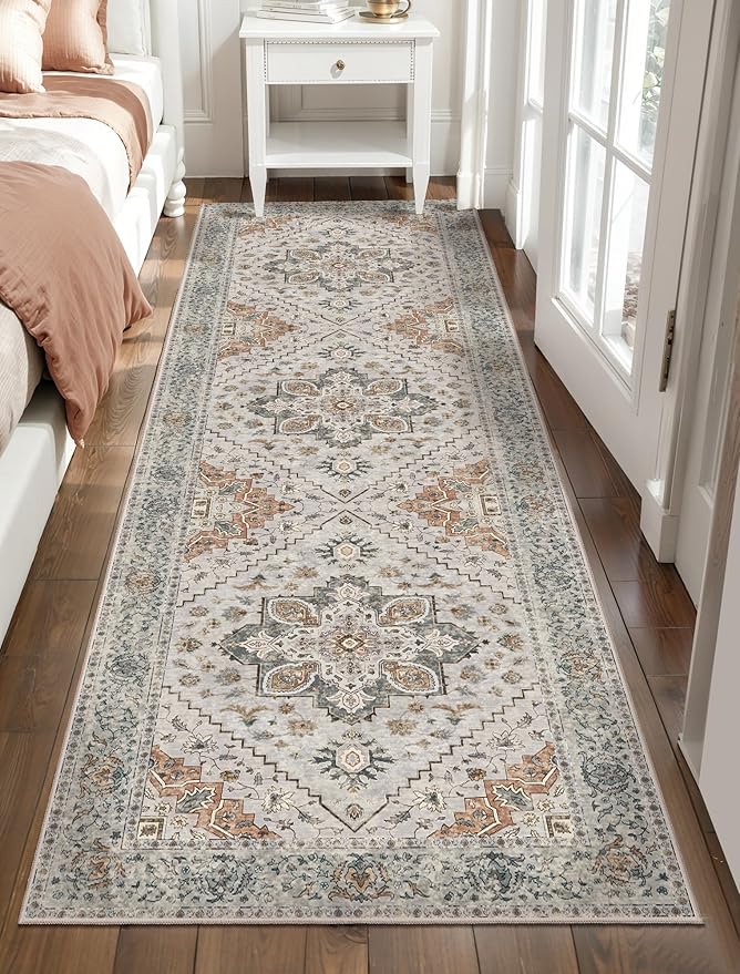 Tangsoo 2.6x10 Hallway Runner Rugs, Washable Runner Rug for Hallways Non Slip Vintage, Neutral Soft Low Pile Long Rug Runner, Indoor Carpet Runners for Living Room Kitchen Bedroom Entryway Grey